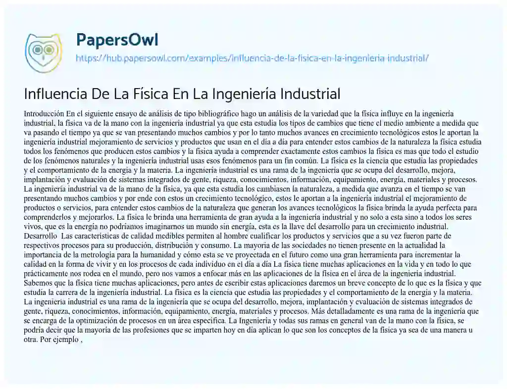 Essay on Influencia De La Física En La Ingeniería Industrial