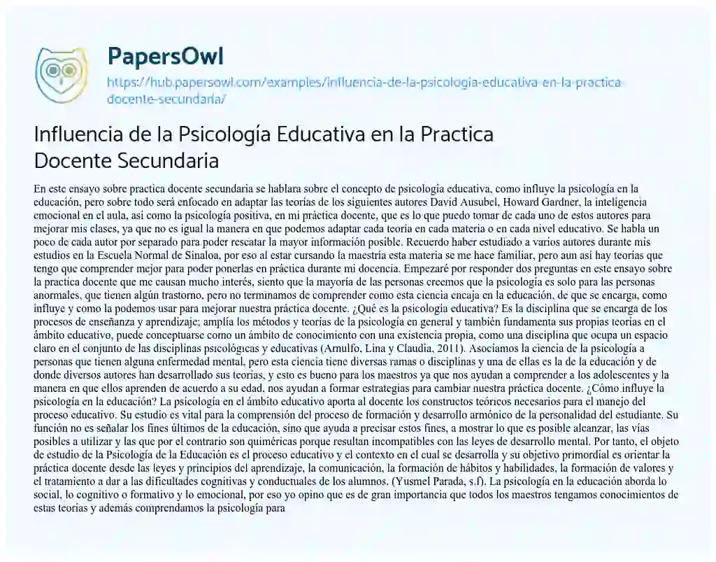 Essay on Influencia de la Psicología Educativa en la Practica Docente Secundaria