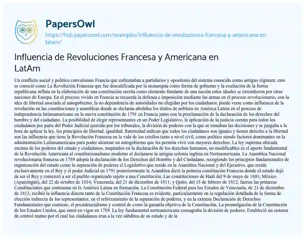 Essay on Influencia de Revoluciones Francesa y Americana en LatAm