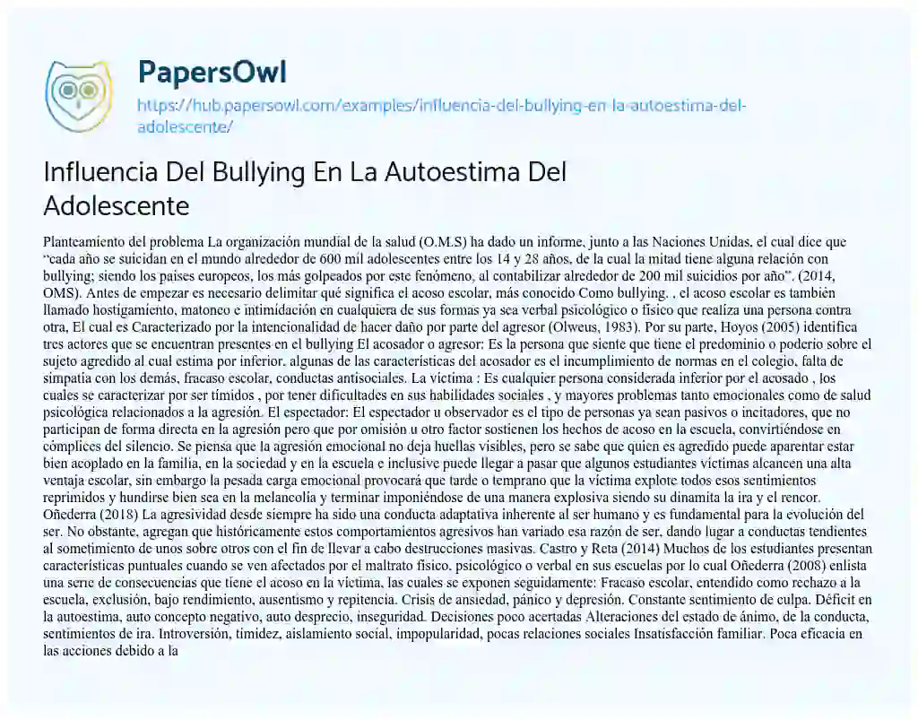 Essay on Influencia Del Bullying En La Autoestima Del Adolescente