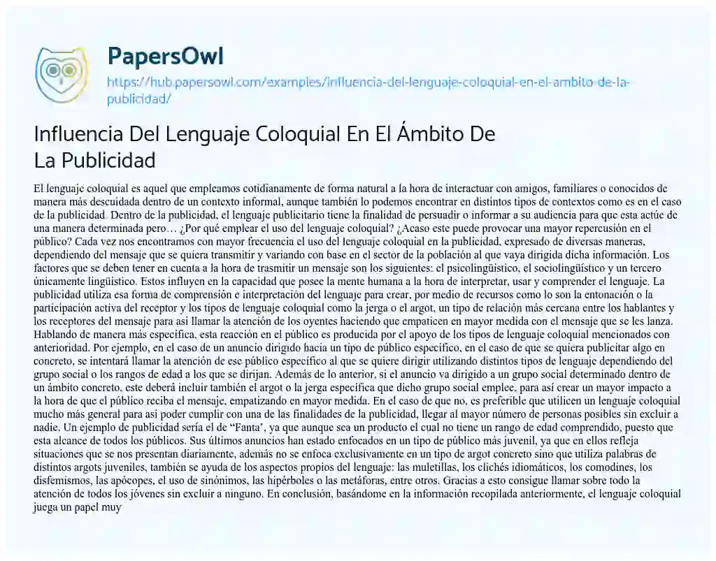 Essay on Influencia Del Lenguaje Coloquial En El Ámbito De La Publicidad