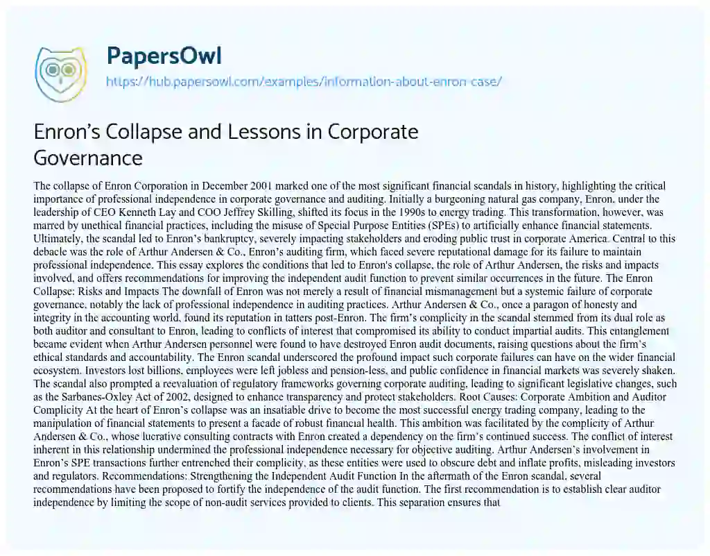 Essay on Enron’s Collapse and Lessons in Corporate Governance