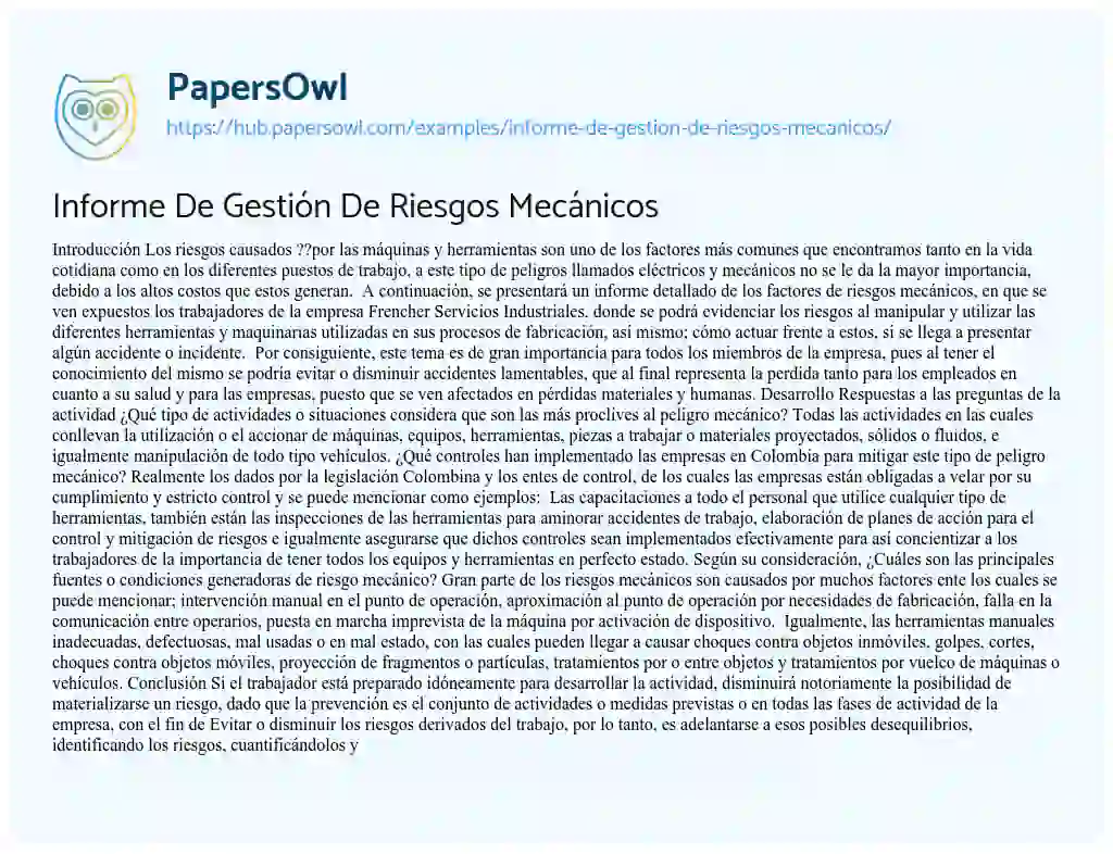 Essay on Informe De Gestión De Riesgos Mecánicos