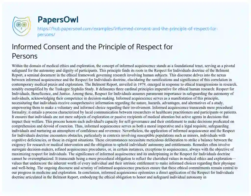 Essay on Informed Consent and the Principle of Respect for Persons