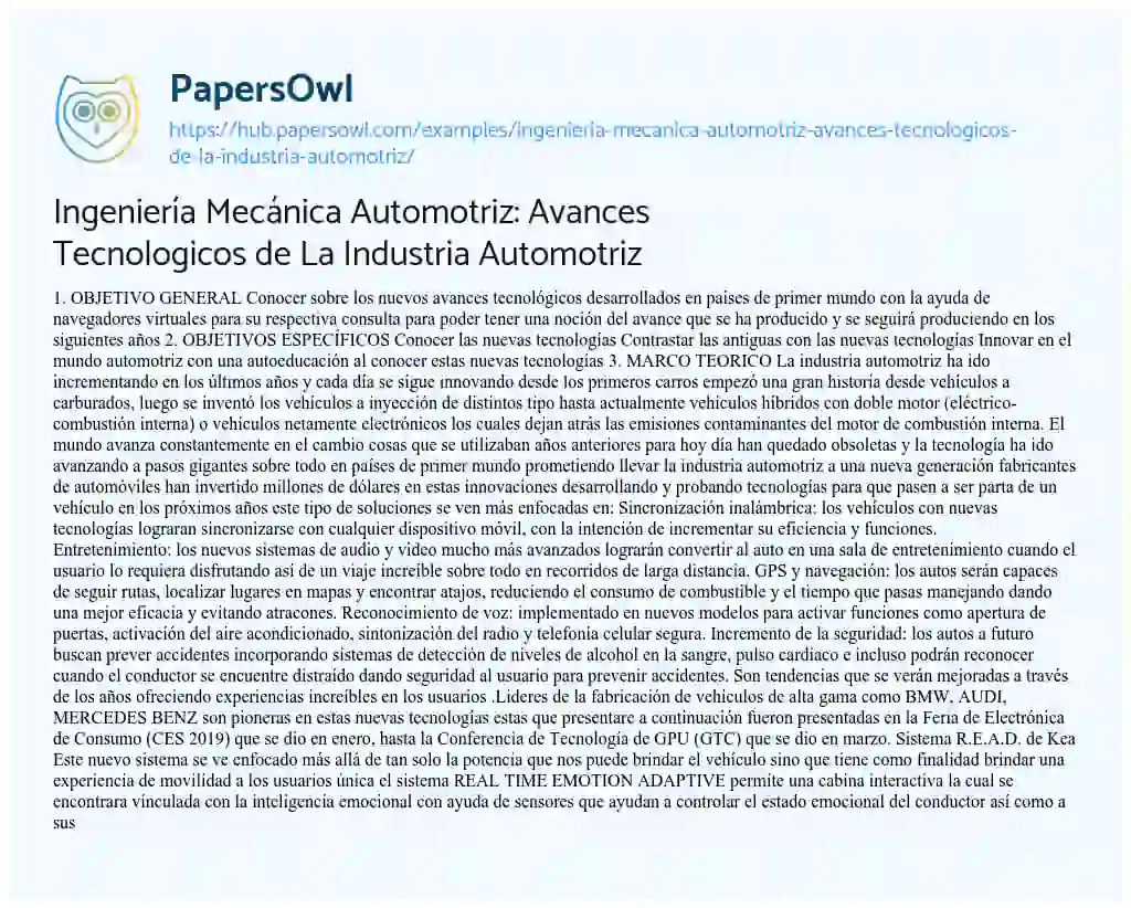 Essay on Ingeniería Mecánica Automotriz: Avances Tecnologicos de La Industria Automotriz