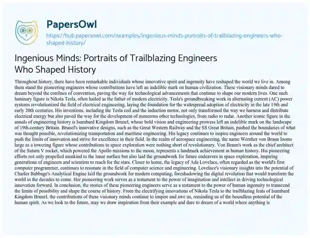 Essay on Ingenious Minds: Portraits of Trailblazing Engineers Who Shaped History