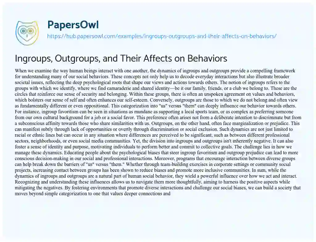 Essay on Ingroups, Outgroups, and Their Affects on Behaviors