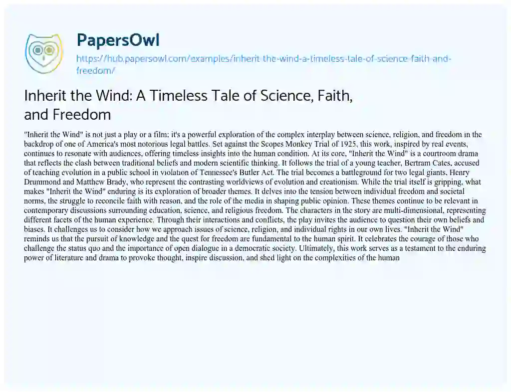 Essay on Inherit the Wind: A Timeless Tale of Science, Faith, and Freedom