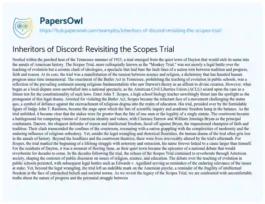 Essay on Inheritors of Discord: Revisiting the Scopes Trial