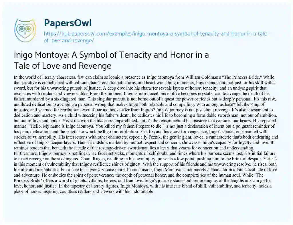 Essay on Inigo Montoya: A Symbol of Tenacity and Honor in a Tale of Love and Revenge