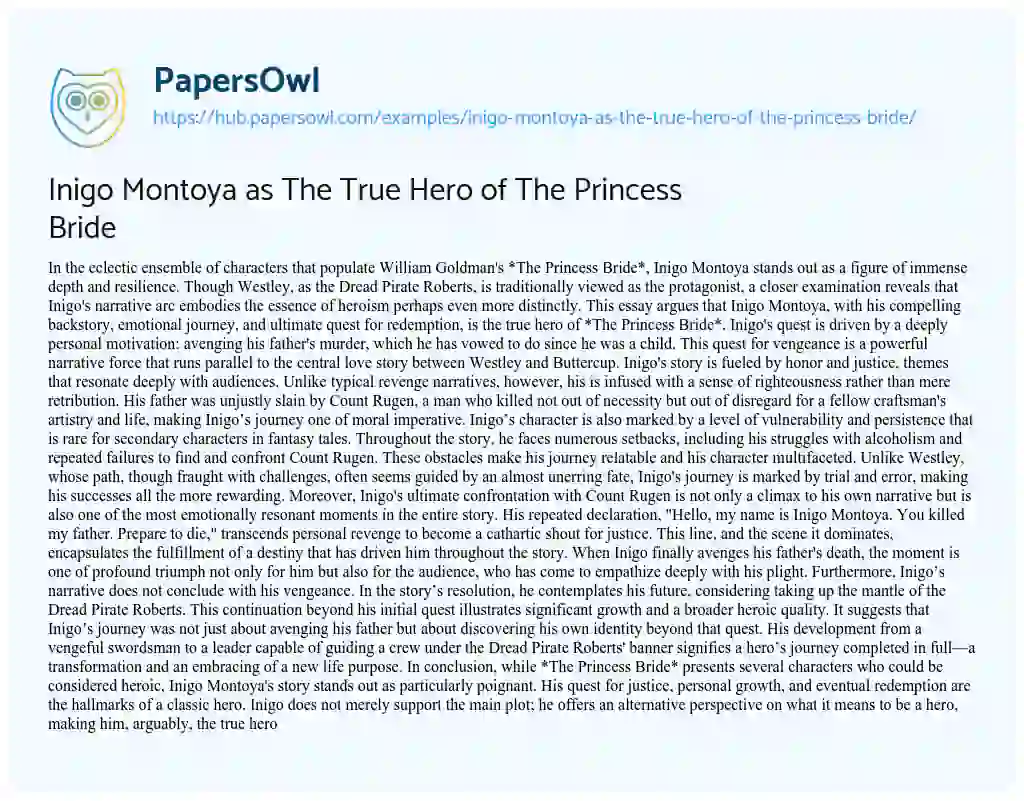 Essay on Inigo Montoya as The True Hero of The Princess Bride