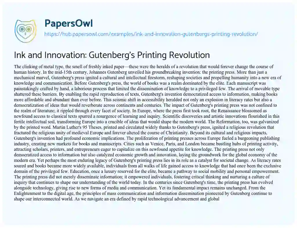 Essay on Ink and Innovation: Gutenberg’s Printing Revolution
