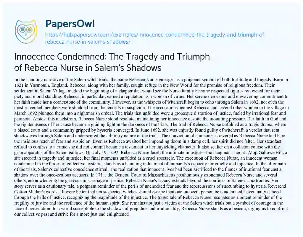 Essay on Innocence Condemned: The Tragedy and Triumph of Rebecca Nurse in Salem’s Shadows