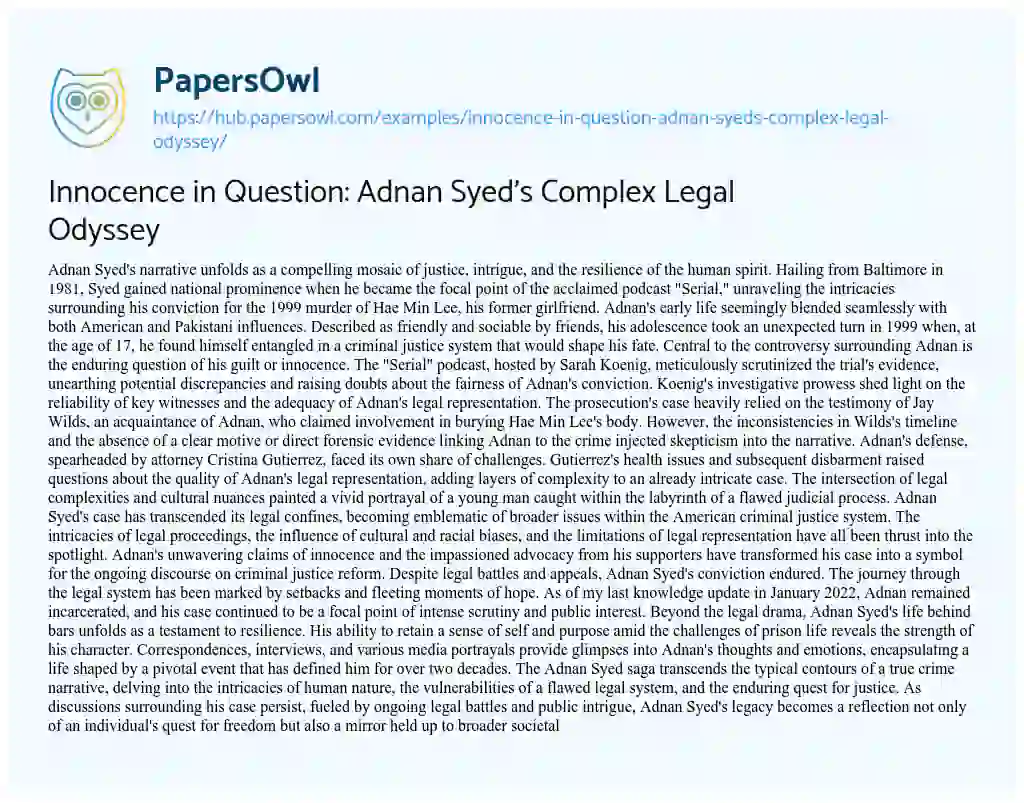 Essay on Innocence in Question: Adnan Syed’s Complex Legal Odyssey