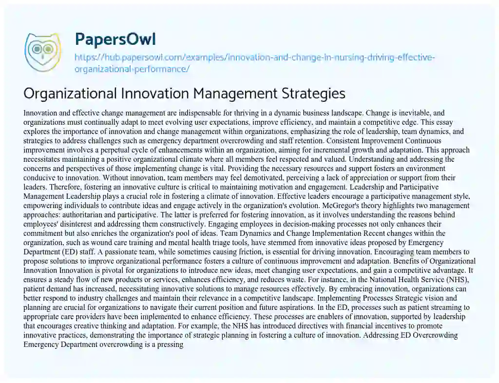 Essay on Organizational Innovation Management Strategies