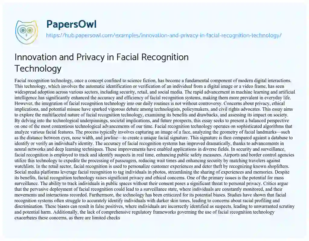 Essay on Innovation and Privacy in Facial Recognition Technology