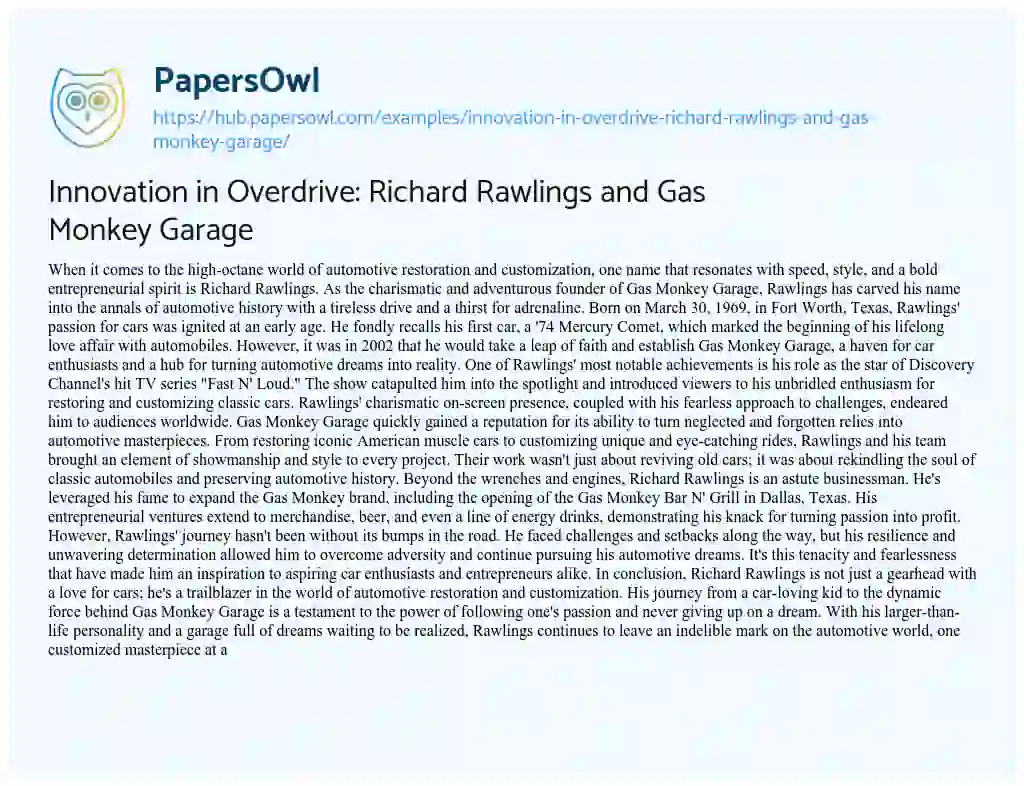 Essay on Innovation in Overdrive: Richard Rawlings and Gas Monkey Garage