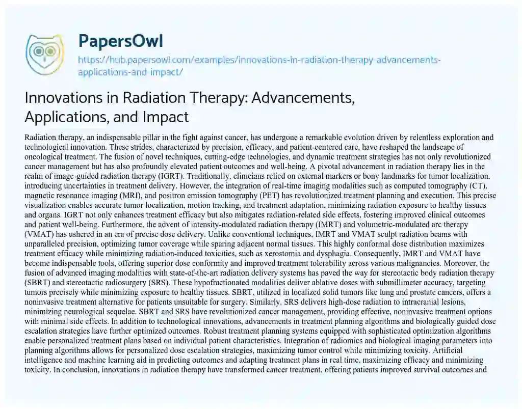 Essay on Innovations in Radiation Therapy: Advancements, Applications, and Impact