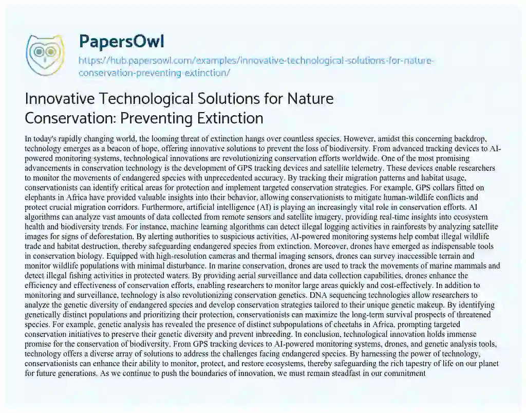 Essay on Innovative Technological Solutions for Nature Conservation: Preventing Extinction