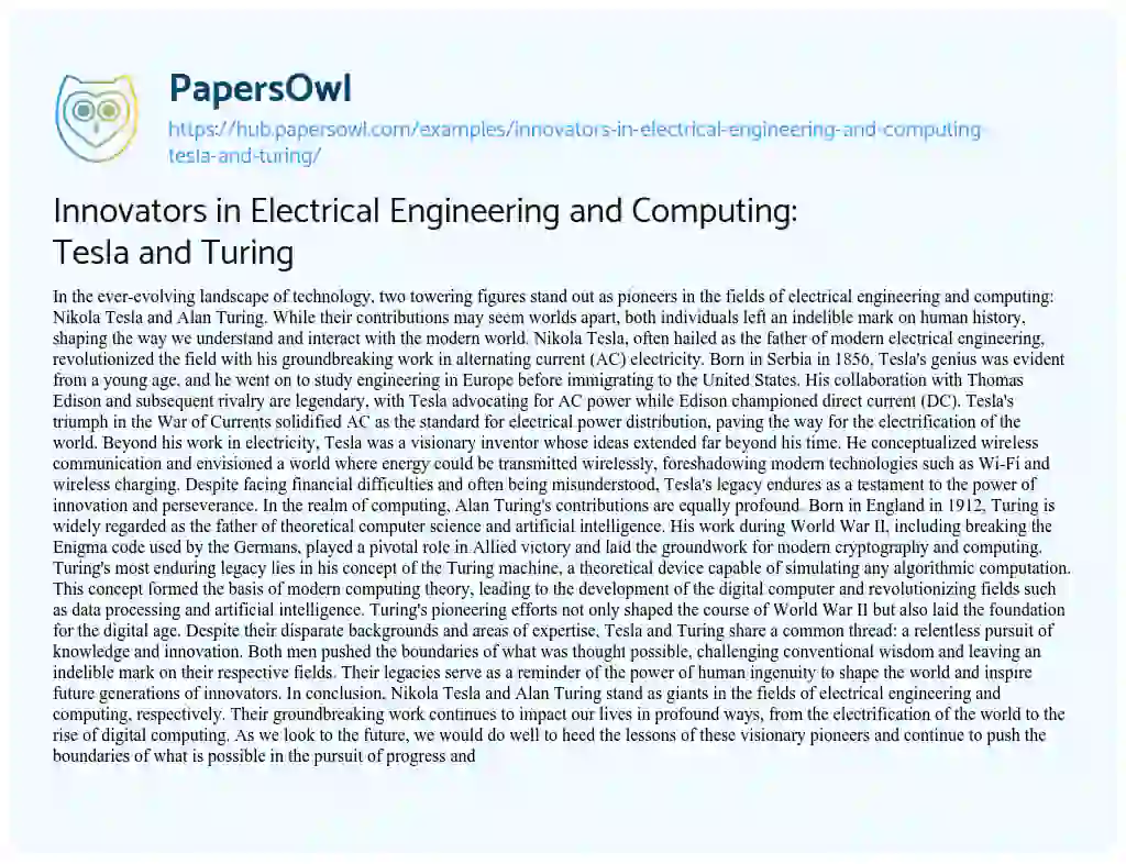 Essay on Innovators in Electrical Engineering and Computing: Tesla and Turing