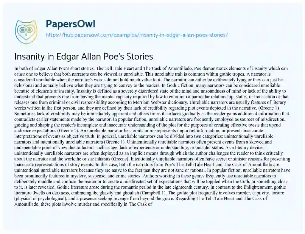 Essay on Insanity in Edgar Allan Poe’s Stories