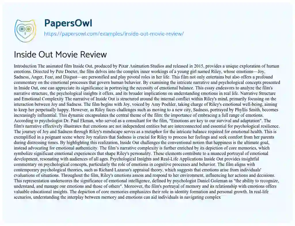 Essay on Inside Out Movie Review