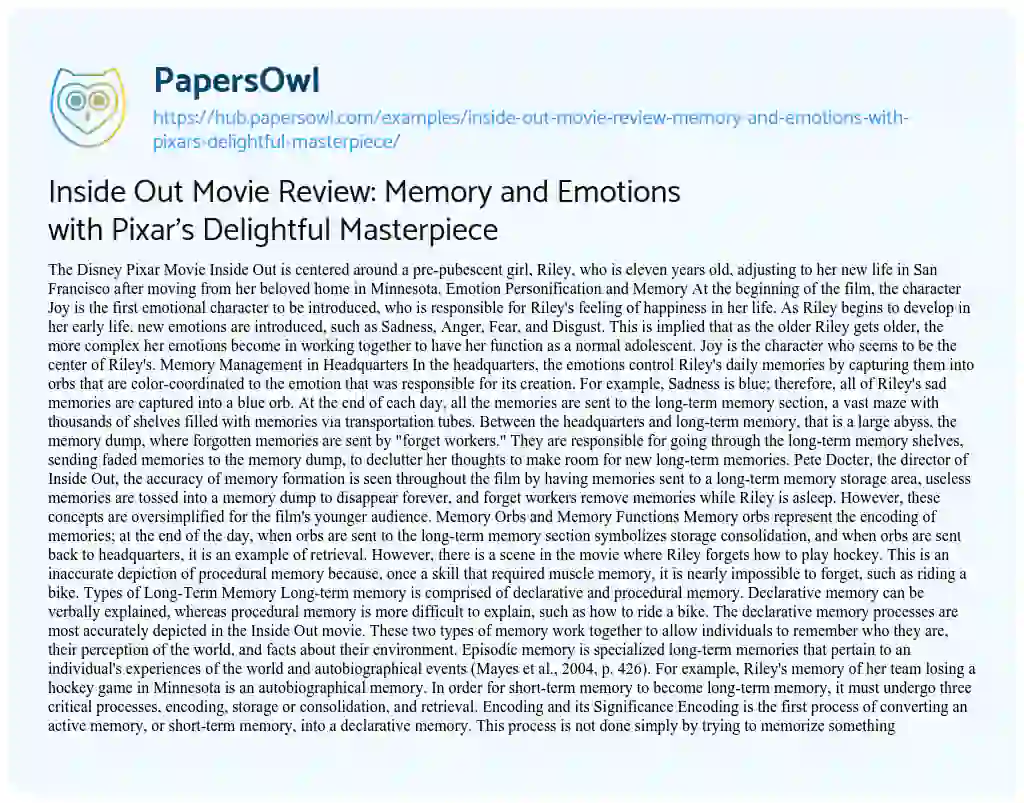 Essay on Inside Out Movie Review: Memory and Emotions with Pixar’s Delightful Masterpiece