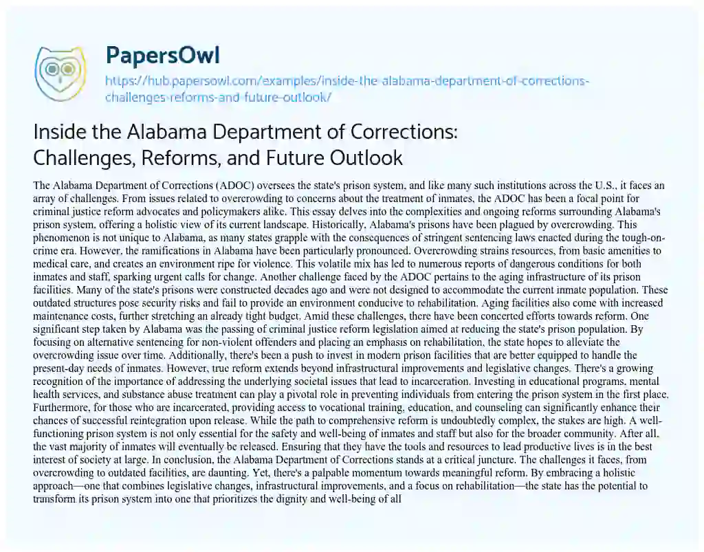 Essay on Inside the Alabama Department of Corrections: Challenges, Reforms, and Future Outlook