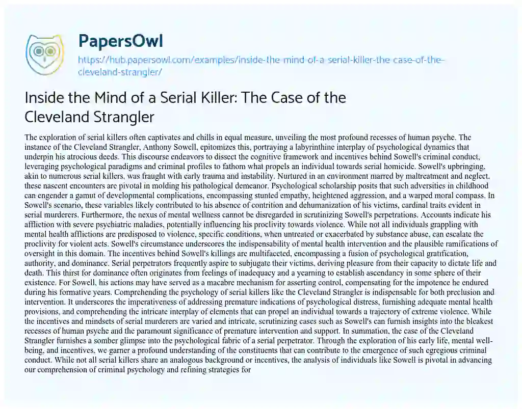 Essay on Inside the Mind of a Serial Killer: The Case of the Cleveland Strangler
