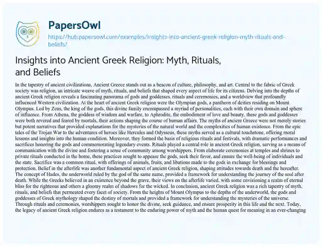 Essay on Insights into Ancient Greek Religion: Myth, Rituals, and Beliefs