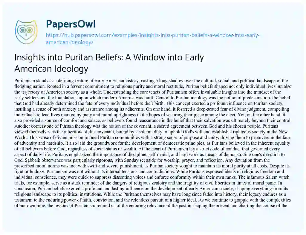 Essay on Insights into Puritan Beliefs: A Window into Early American Ideology