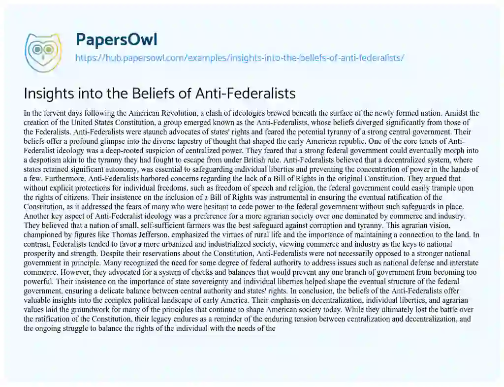 Essay on Insights into the Beliefs of Anti-Federalists