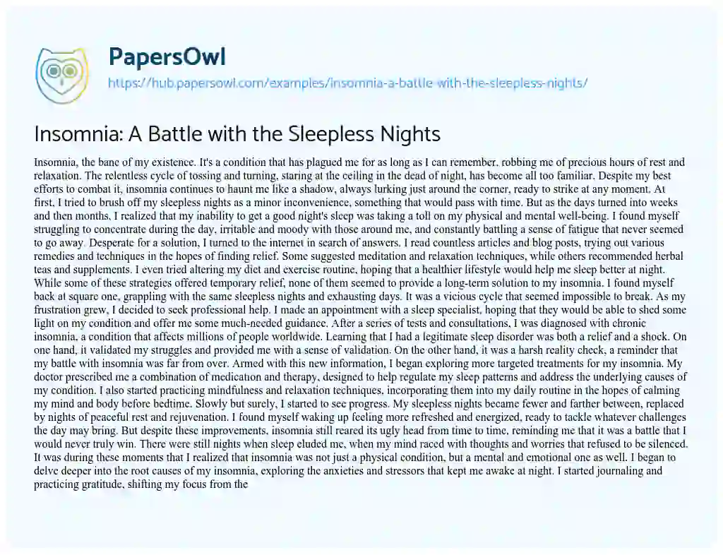 Essay on Insomnia: A Battle with the Sleepless Nights