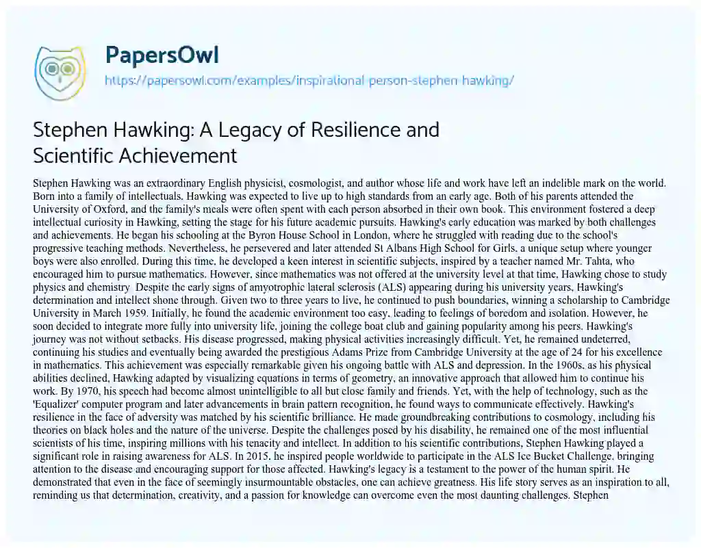 Essay on Stephen Hawking: A Legacy of Resilience and Scientific Achievement