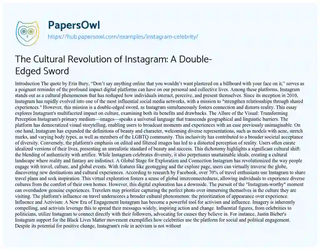 Essay on The Cultural Revolution of Instagram: A Double-Edged Sword