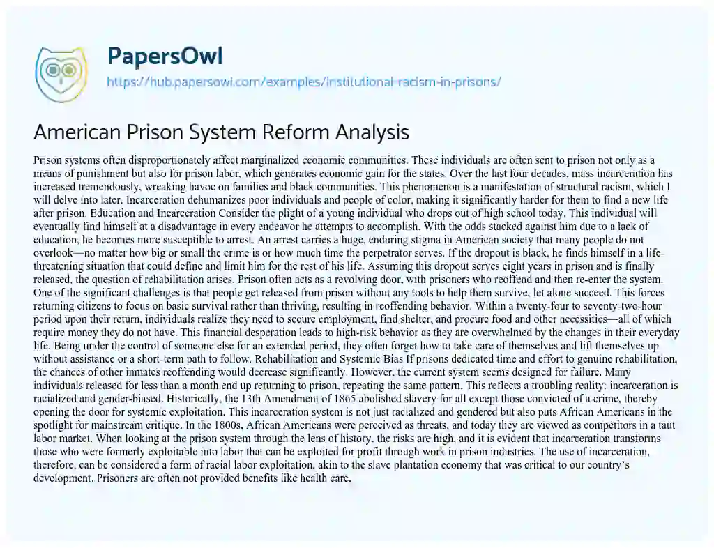 Essay on American Prison System Reform Analysis