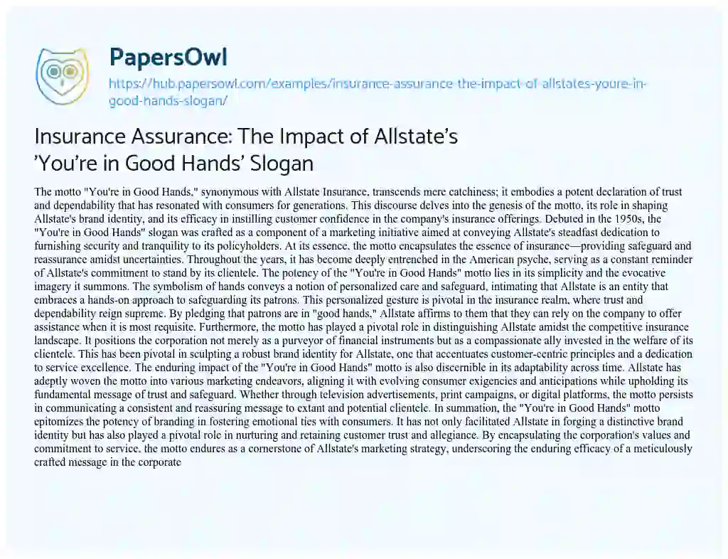 Essay on Insurance Assurance: The Impact of Allstate’s ‘You’re in Good Hands’ Slogan