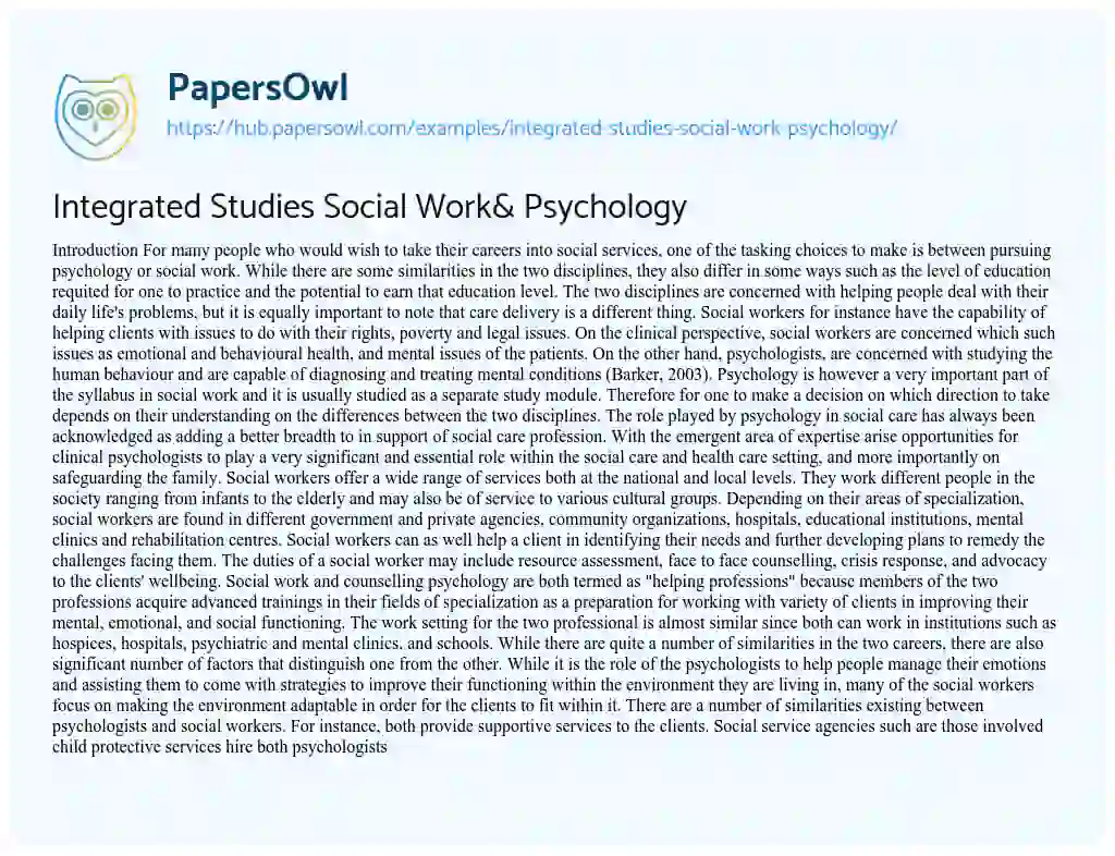 Essay on Integrated Studies Social Work& Psychology