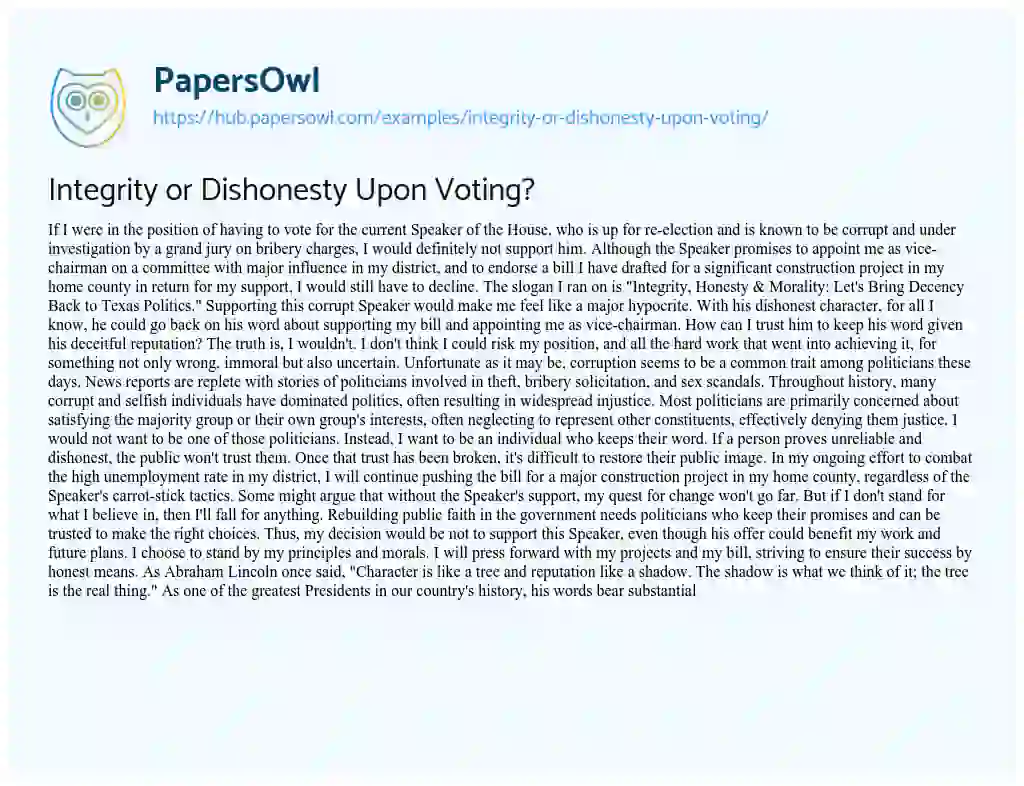Essay on Integrity or Dishonesty Upon Voting?