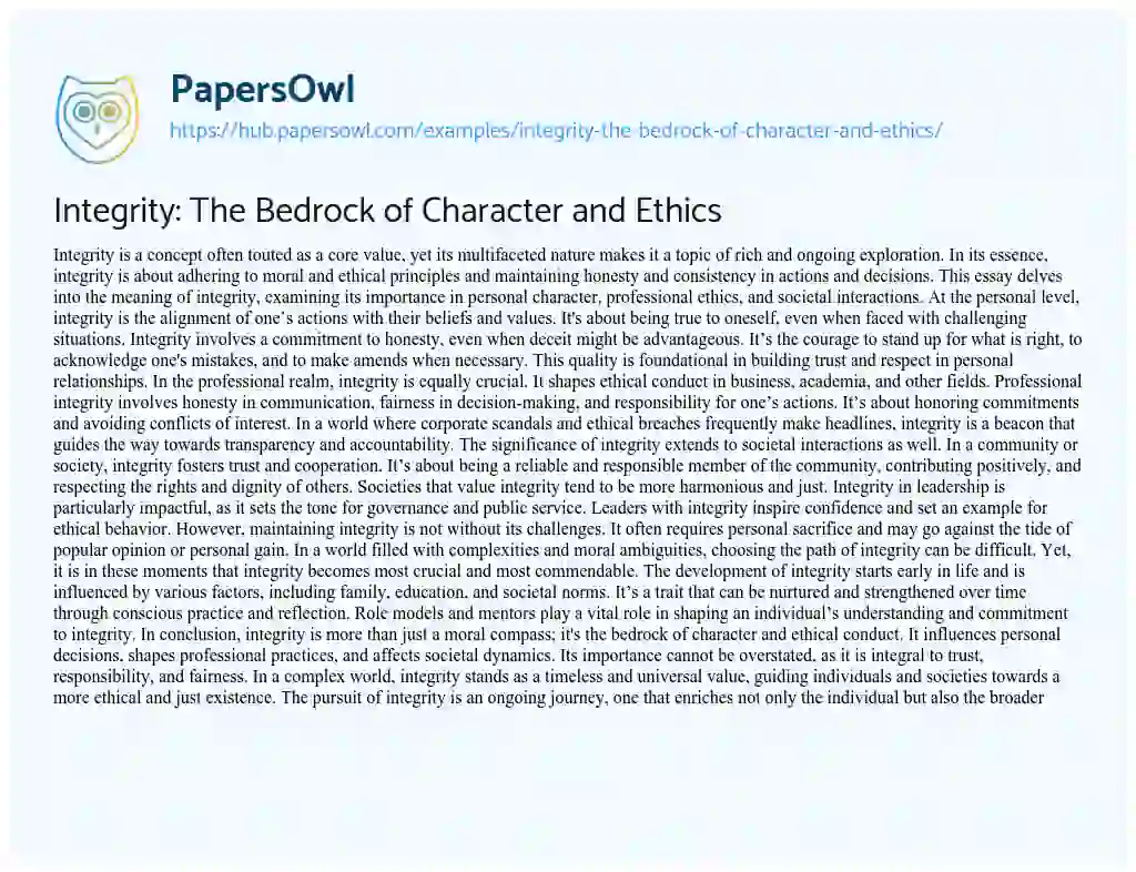 Essay on Integrity: The Bedrock of Character and Ethics