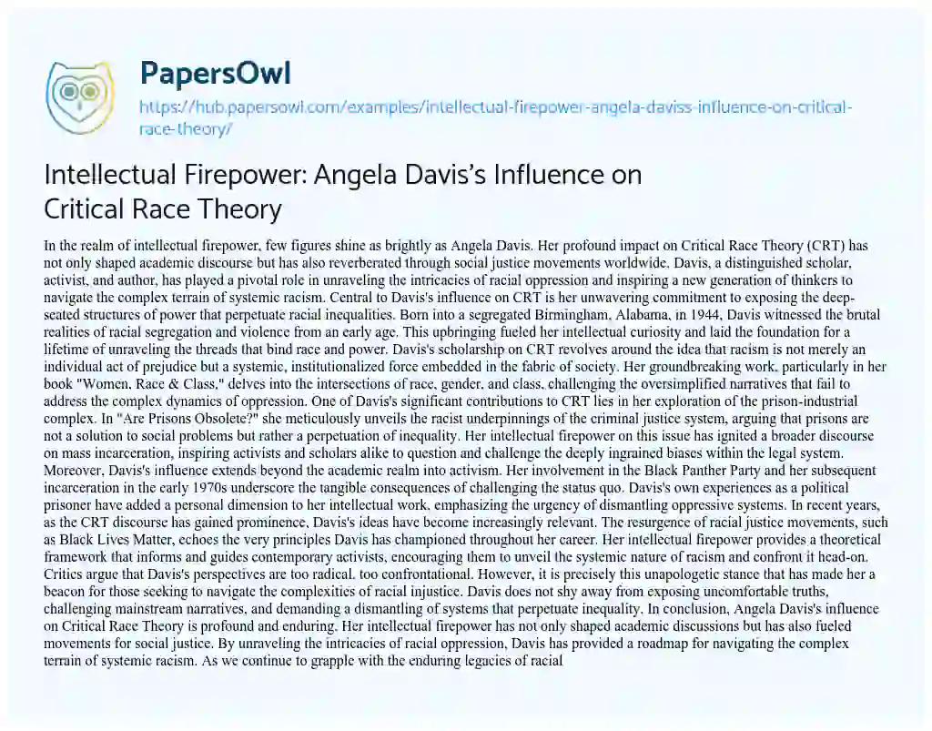 Essay on Intellectual Firepower: Angela Davis’s Influence on Critical Race Theory