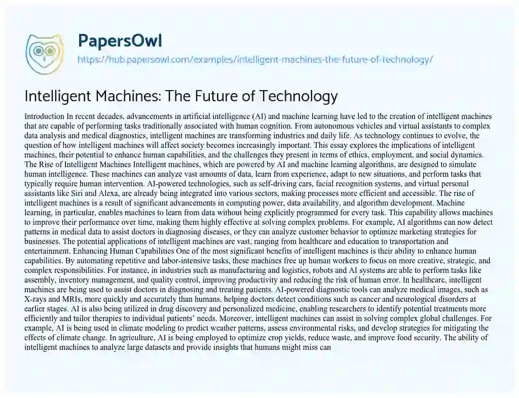 Essay on Intelligent Machines: The Future of Technology