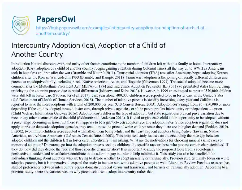 Essay on Intercountry Adoption (Ica), Adoption of a Child of Another Country