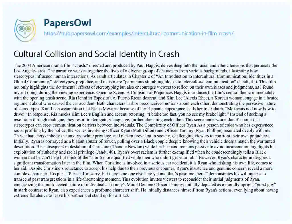 Essay on Cultural Collision and Social Identity in Crash