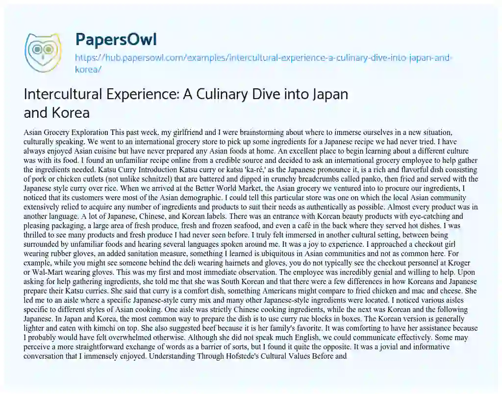 Essay on Intercultural Experience: A Culinary Dive into Japan and Korea