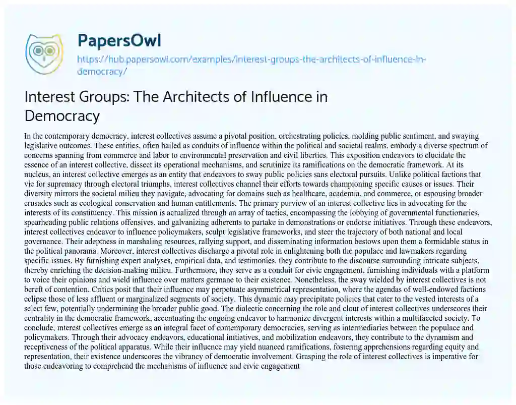Essay on Interest Groups: The Architects of Influence in Democracy