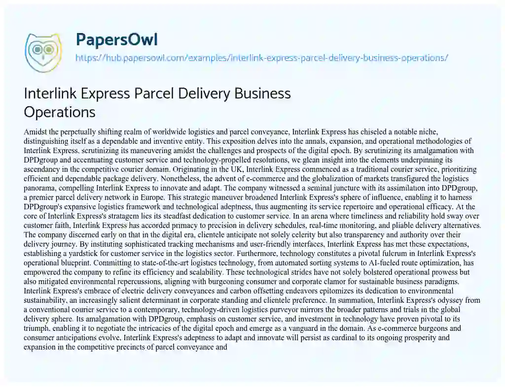 Essay on Interlink Express Parcel Delivery Business Operations