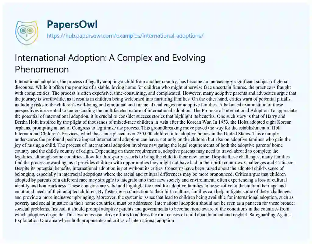 Essay on International Adoption: A Complex and Evolving Phenomenon