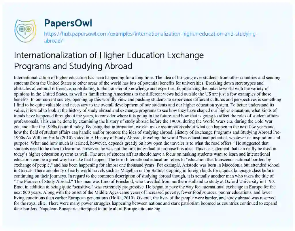 Essay on Internationalization of Higher Education Exchange Programs and Studying Abroad
