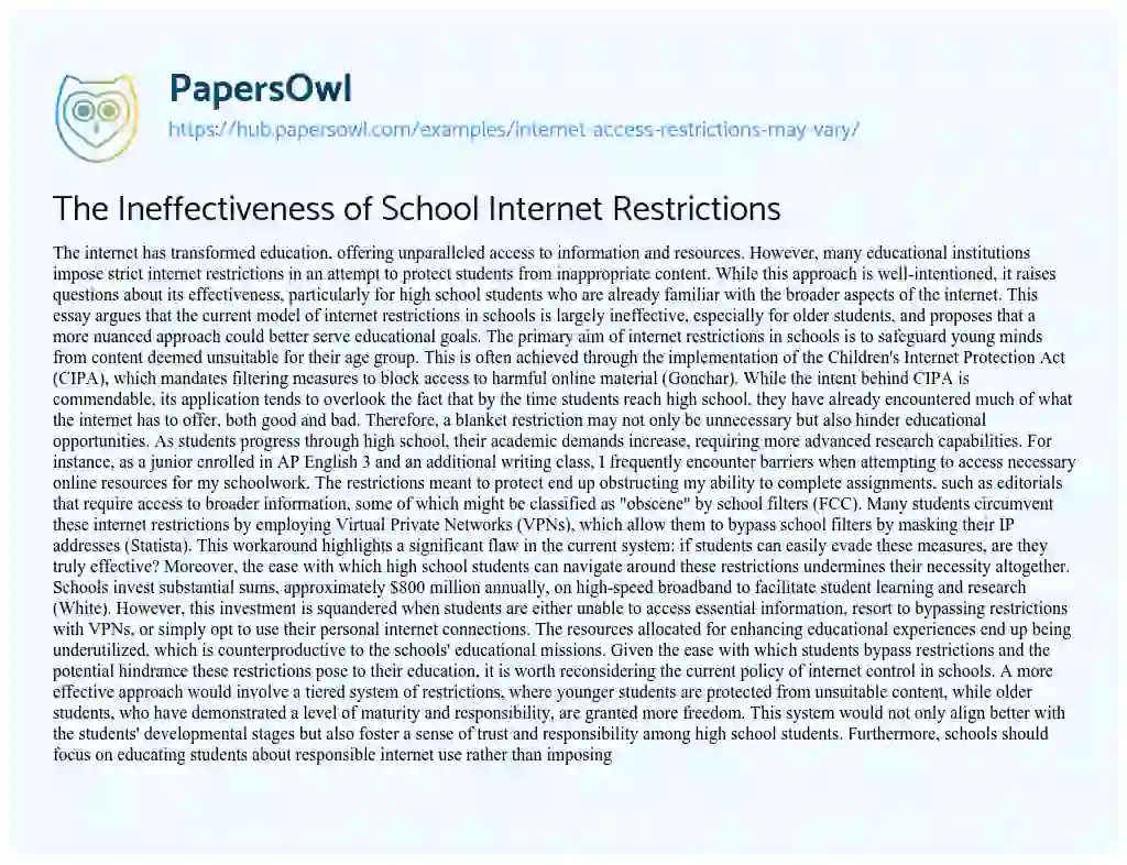 Essay on The Ineffectiveness of School Internet Restrictions